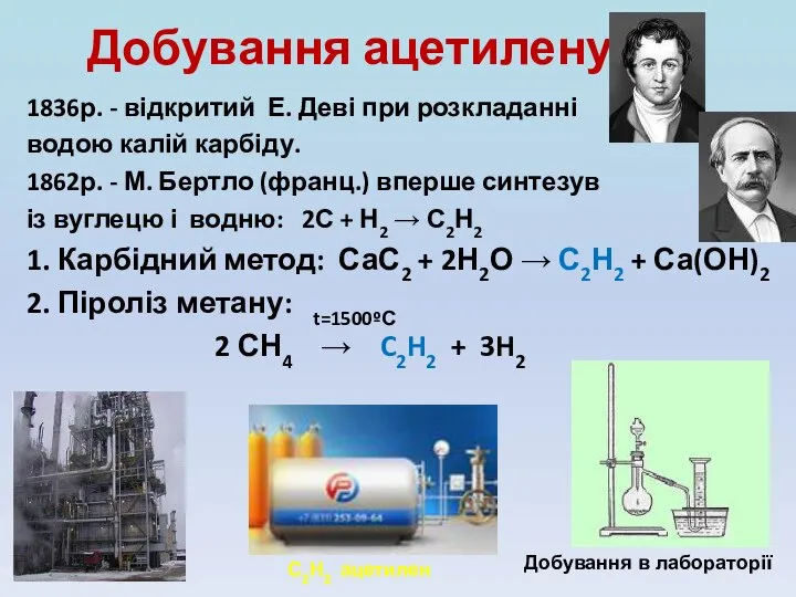 Добування ацетилену 1836р. - відкритий Е. Деві при розкладанні водою калій