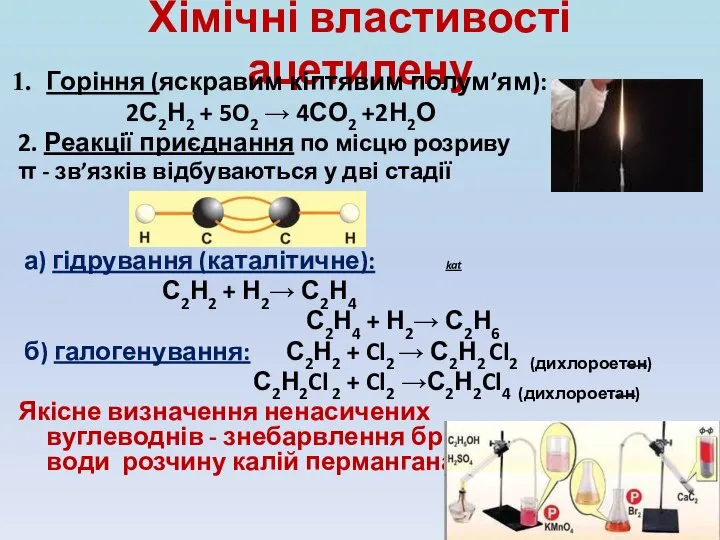 Хімічні властивості ацетилену Горіння (яскравим кіптявим полум’ям): 2С2Н2 + 5O2 →