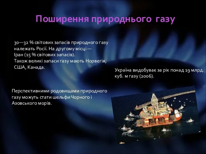 Поширення природнього газу 30—32 % світових запасів природного газу належать Росії.