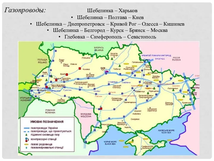 Газопроводы: Шебелинка – Харьков Шебелинка – Полтава – Киев Шебелинка –