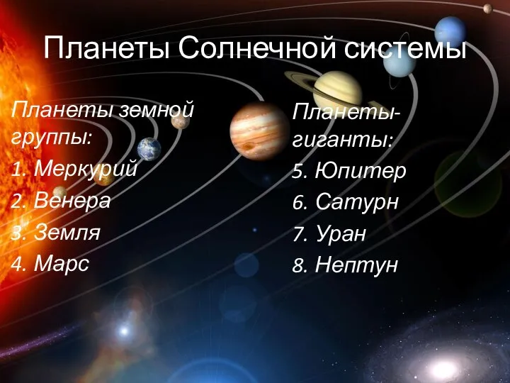 Планеты Солнечной системы Планеты земной группы: 1. Меркурий 2. Венера 3.