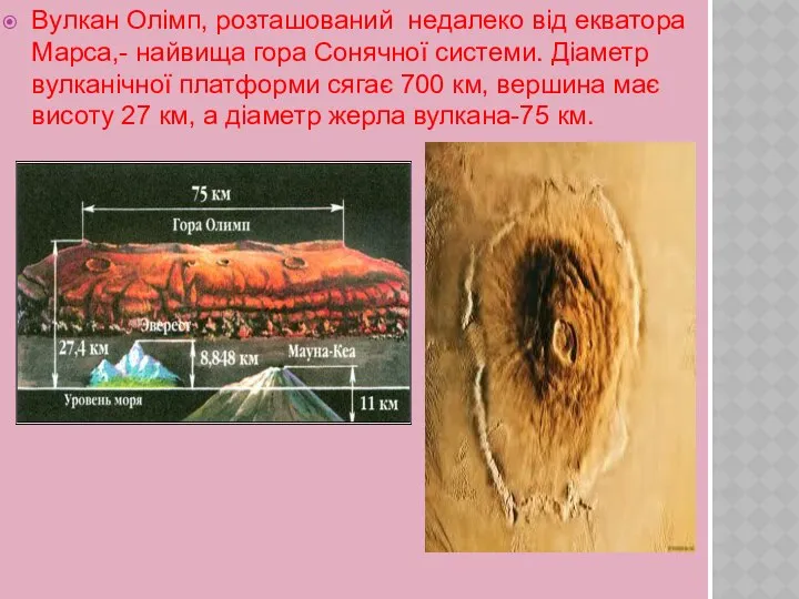 Вулкан Олімп, розташований недалеко від екватора Марса,- найвища гора Сонячної системи.