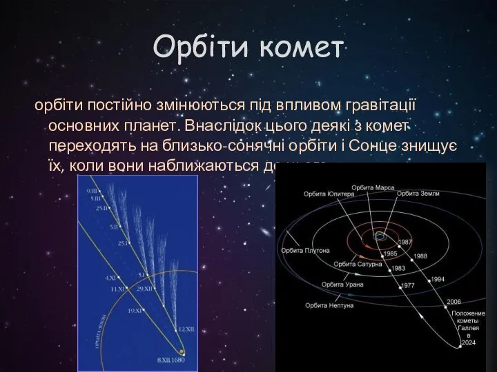 Орбіти комет орбіти постійно змінюються під впливом гравітації основних планет. Внаслідок