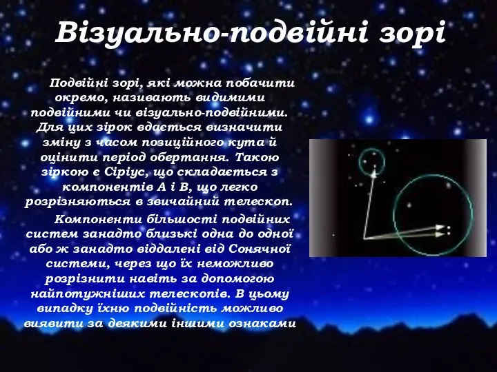 Візуально-подвійні зорі Подвійні зорі, які можна побачити окремо, називають видимими подвійними