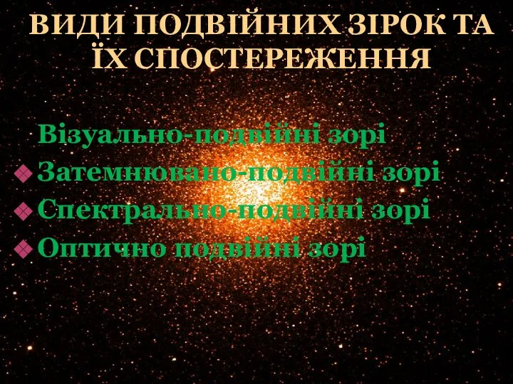 Види подвійних зірок та їх спостереження Візуально-подвійні зорі Затемнювано-подвійні зорі Спектрально-подвійні зорі Оптично подвійні зорі