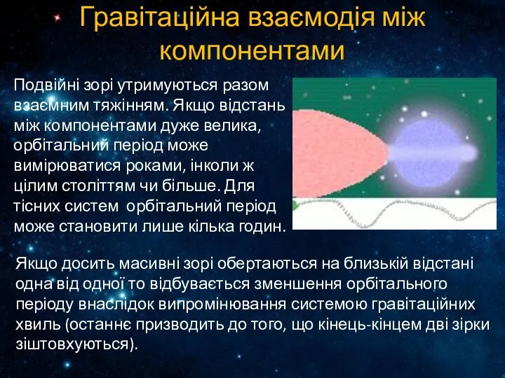 Гравітаційна взаємодія між компонентами Подвійні зорі утримуються разом взаємним тяжінням. Якщо