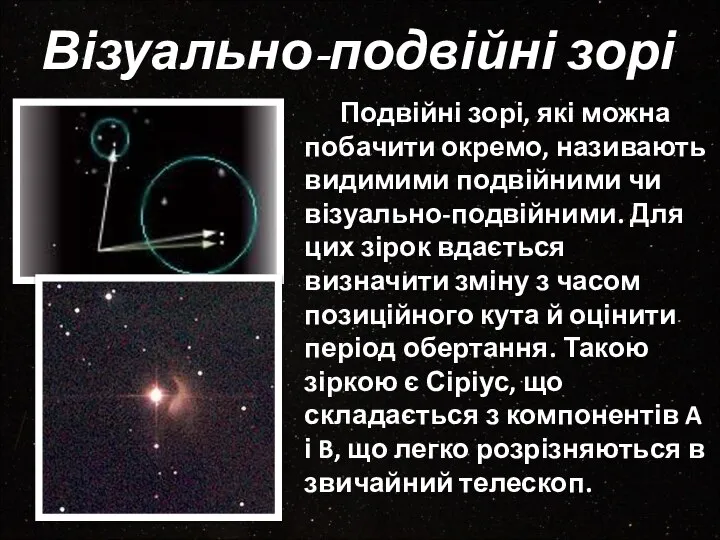 Візуально-подвійні зорі Подвійні зорі, які можна побачити окремо, називають видимими подвійними