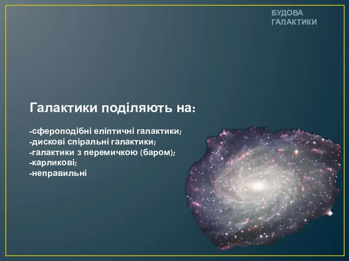 Галактики поділяють на: -сфероподібні еліптичні галактики; -дискові спіральні галактики; -галактики з