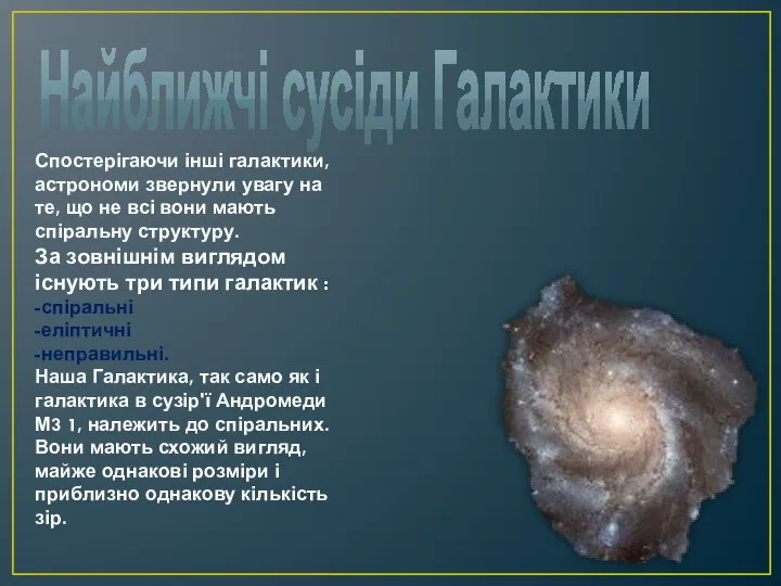 Найближчі сусіди Галактики Спостерігаючи інші галактики, астрономи звернули увагу на те,