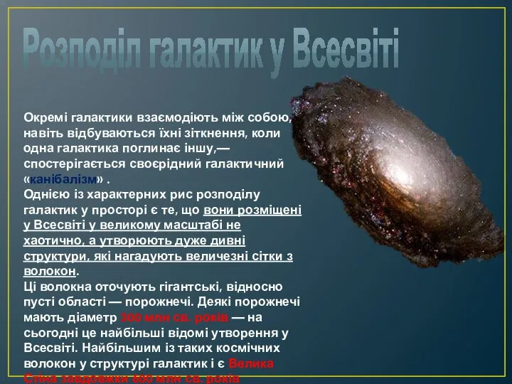 Розподіл галактик у Всесвіті Окремі галактики взаємодіють між собою, навіть відбуваються