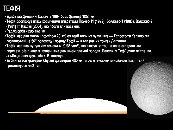 ТЕФІЯ Відкритий Джованні Кассіні в 1684 році. Діаметр 1055 км. Тефія