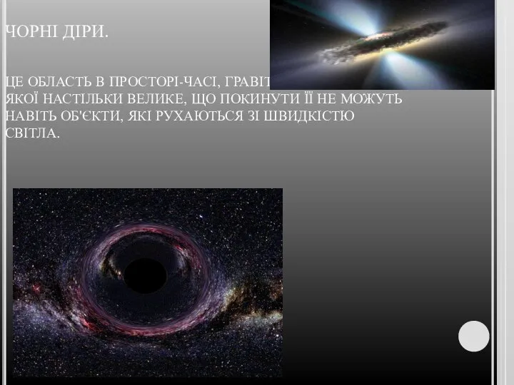 ЧОРНІ ДІРИ. ЦЕ ОБЛАСТЬ В ПРОСТОРІ-ЧАСІ, ГРАВІТАЦІЙНЕ ТЯЖІННЯ ЯКОЇ НАСТІЛЬКИ ВЕЛИКЕ,