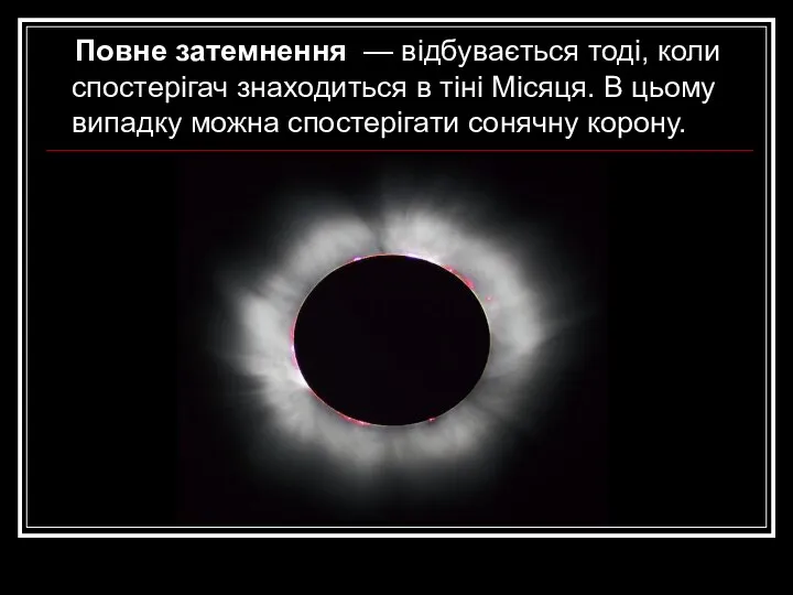 Повне затемнення — відбувається тоді, коли спостерігач знаходиться в тіні Місяця.