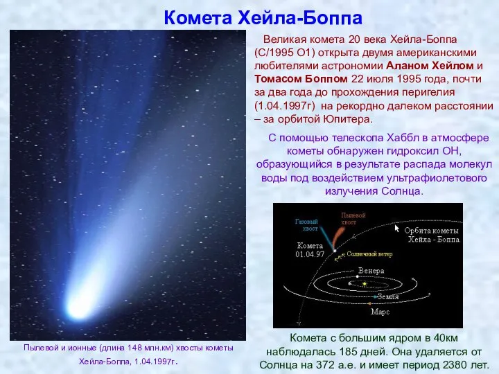 Комета Хейла-Боппа Великая комета 20 века Хейла-Боппа (C/1995 O1) открыта двумя