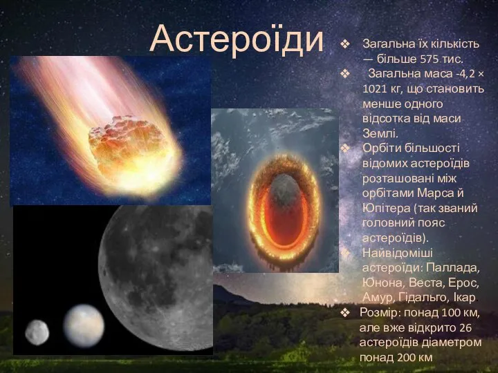 Астероїди Загальна їх кількість — більше 575 тис. Загальна маса -4,2