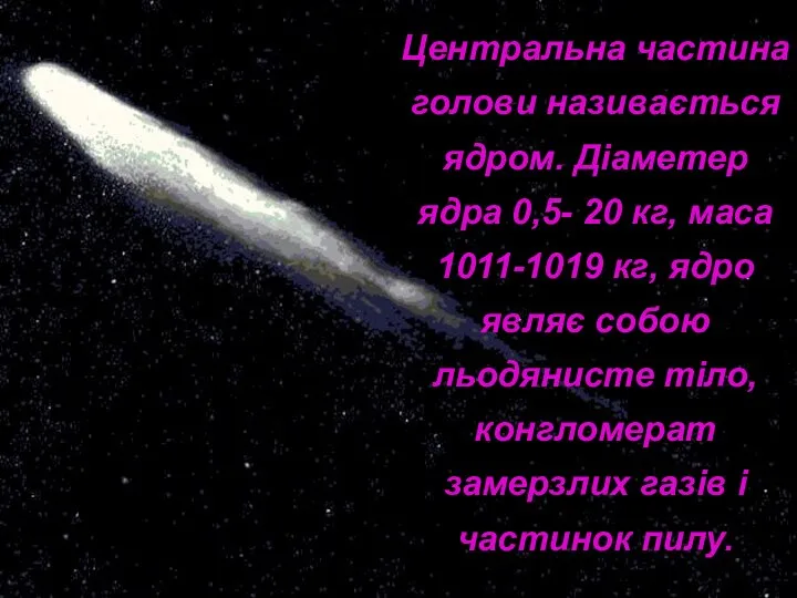 Центральна частина голови називається ядром. Діаметер ядра 0,5- 20 кг, маса