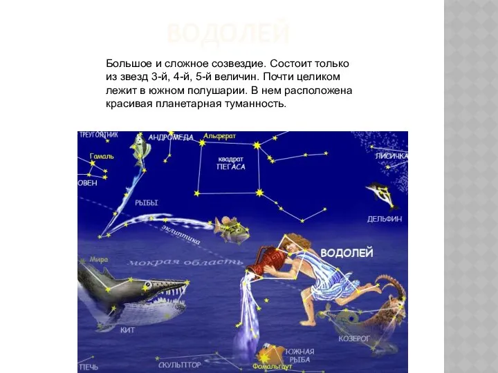 ВОДОЛЕЙ Большое и сложное созвездие. Состоит только из звезд 3-й, 4-й,