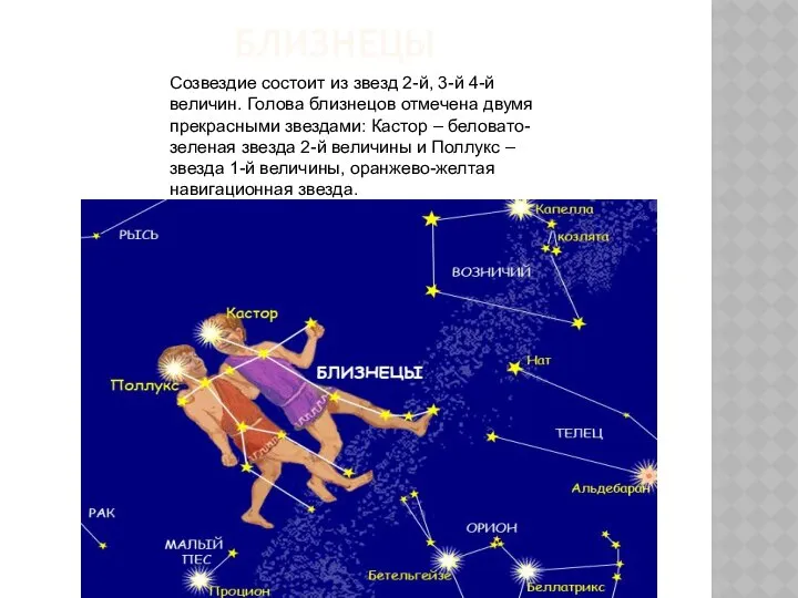 Созвездие состоит из звезд 2-й, 3-й 4-й величин. Голова близнецов отмечена