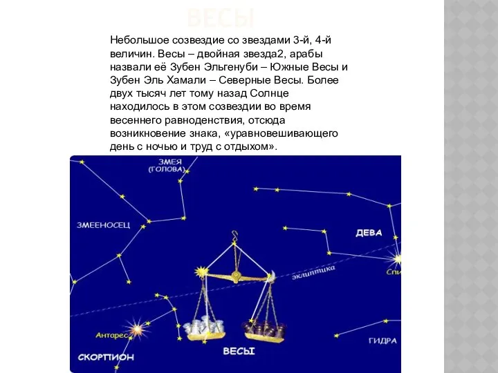 ВЕСЫ Небольшое созвездие со звездами 3-й, 4-й величин. Весы – двойная