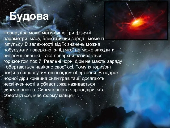 Будова Чорна діра може мати лише три фізичні параметри: масу, електричний