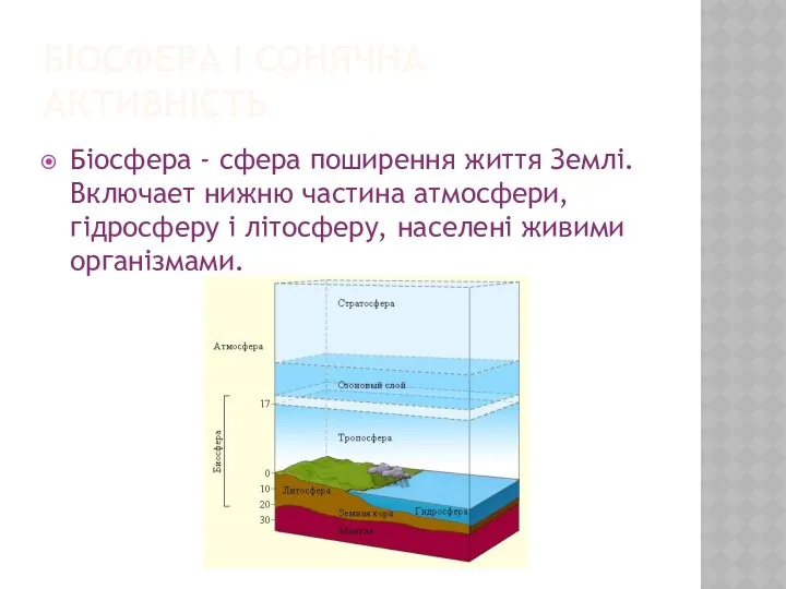 Біосфера і сонячна активність Біосфера - сфера поширення життя Землі.Включает нижню