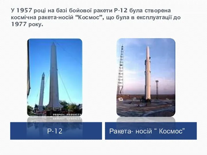 У 1957 році на базі бойової ракети Р-12 була створена космічна