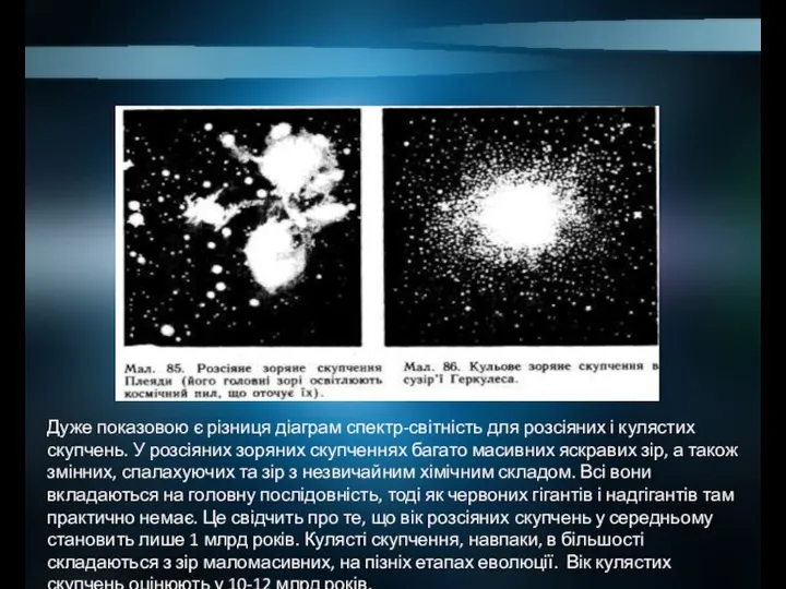 Дуже показовою є різниця діаграм спектр-світність для розсіяних і кулястих скупчень.