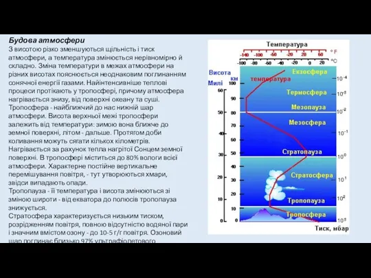 Будова атмосфери З висотою різко зменшуються щільність і тиск атмосфери, а