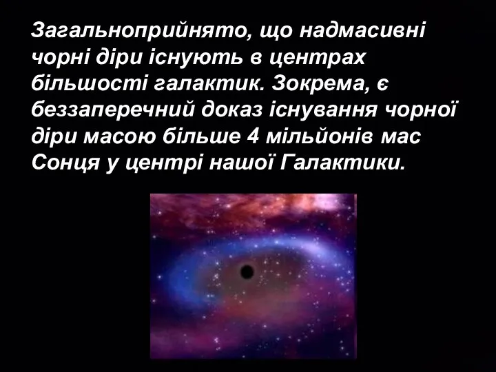 Загальноприйнято, що надмасивні чорні діри існують в центрах більшості галактик. Зокрема,