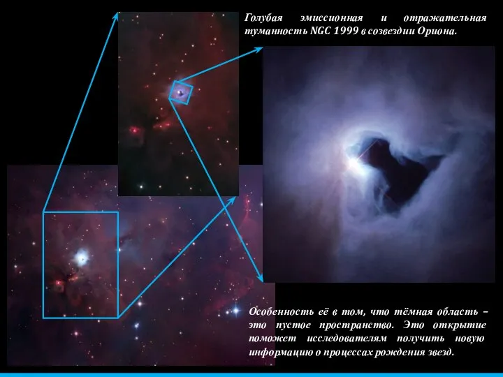 Голубая эмиссионная и отражательная туманность NGC 1999 в созвездии Ориона. Особенность