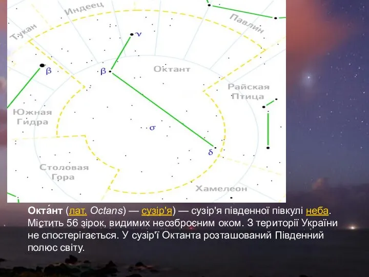 Окта́нт (лат. Octans) — сузір'я) — сузір'я південної півкулі неба. Містить