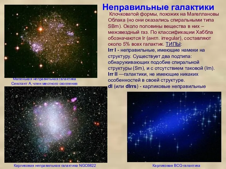 Неправильные галактики Маленькая неправильная галактика Секстант A, член местного скопления Карликовая