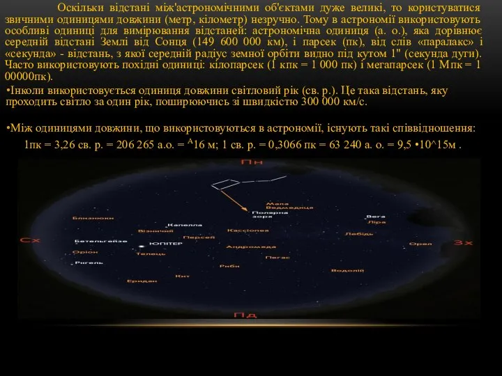 Оскільки відстані між'астрономічними об'єктами дуже великі, то користуватися звичними одиницями довжини