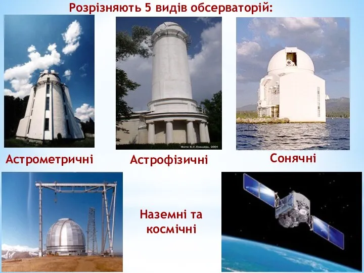 Розрізняють 5 видів обсерваторій: Астрометричні Астрофізичні Сонячні Наземні та космічні