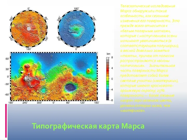 Типографическая карта Марса Телескопические исследования Марса обнаружили такие особенности, как сезонные