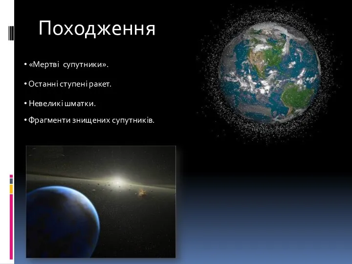 «Мертві супутники». Останні ступені ракет. Невеликі шматки. Фрагменти знищених супутників. Походження