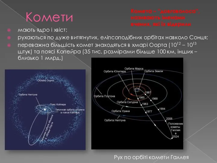 Комети мають ядро і хвіст; рухаються по дуже витягнутих, еліпсоподібних орбітах
