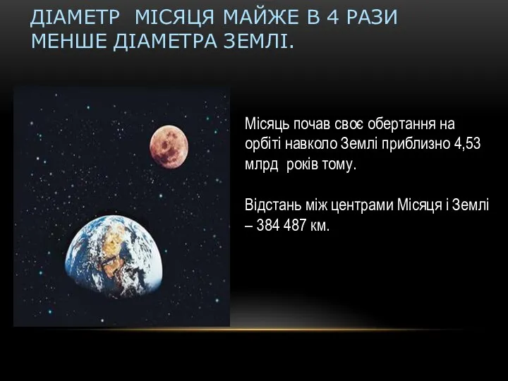 Діаметр Місяця майже в 4 рази менше діаметра Землі. Місяць почав