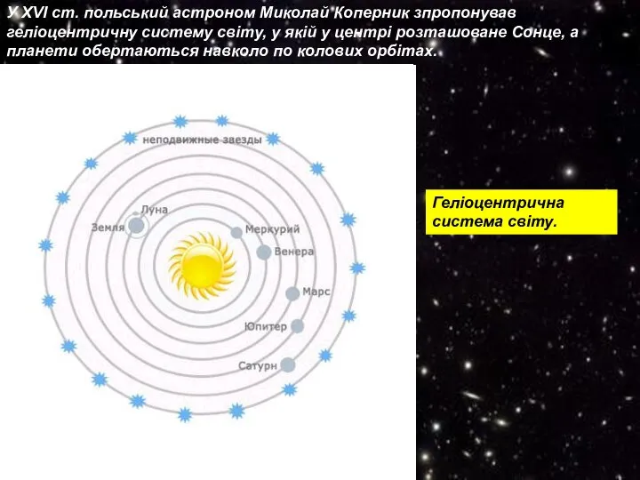 У XVI ст. польський астроном Миколай Коперник зпропонував геліоцентричну систему світу,