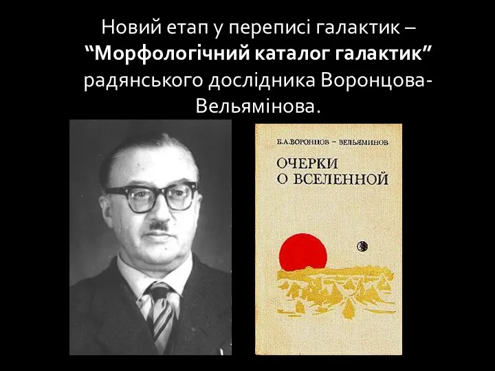 Новий етап у переписі галактик – “Морфологічний каталог галактик” радянського дослідника Воронцова-Вельямінова.