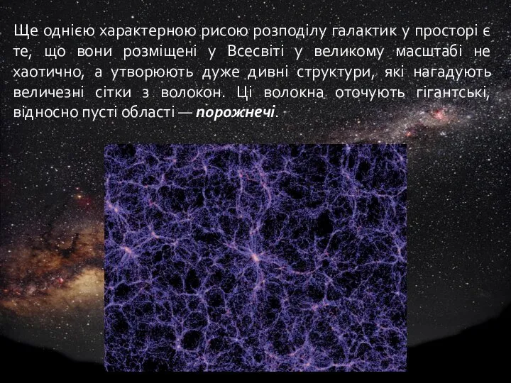 Ще однією характерною рисою розподілу галактик у просторі є те, що
