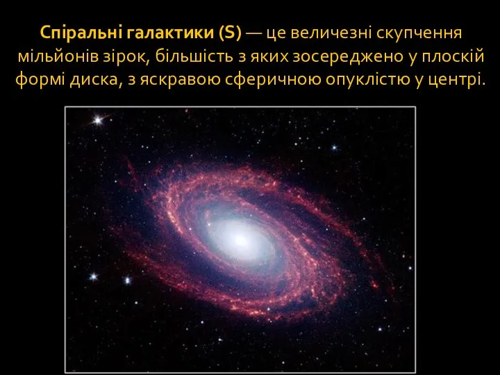 Спіральні галактики (S) — це величезні скупчення мільйонів зірок, більшість з