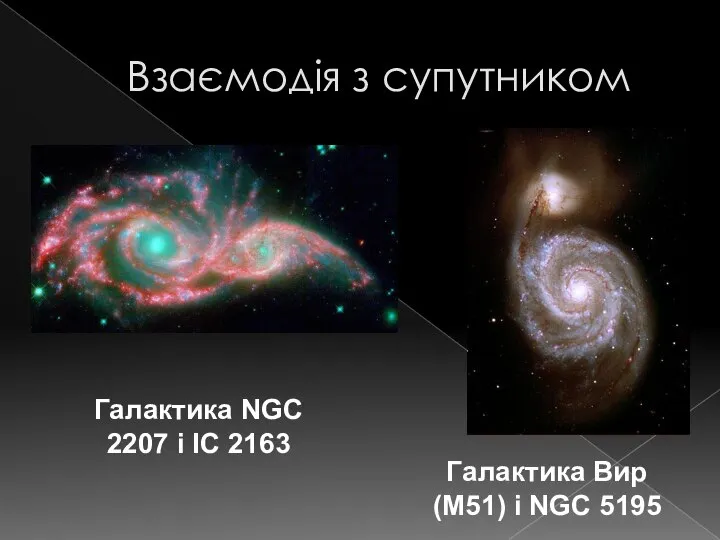 Взаємодія з супутником Галактика Вир (M51) і NGC 5195 Галактика NGC 2207 і IC 2163