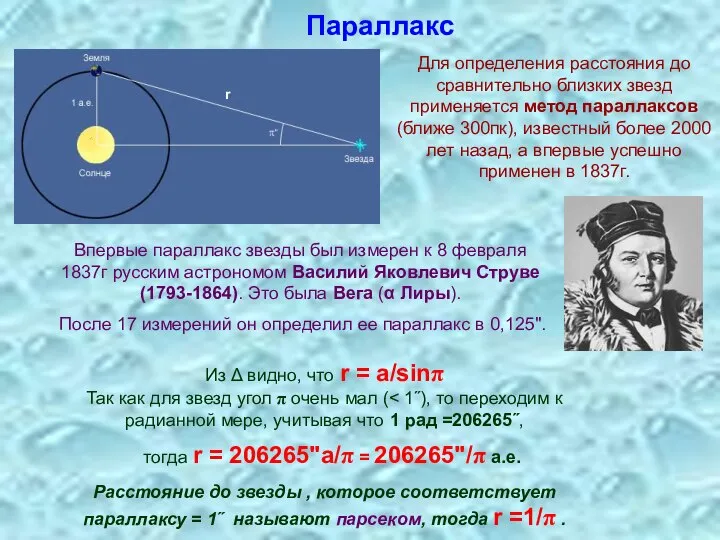 Параллакс Для определения расстояния до сравнительно близких звезд применяется метод параллаксов