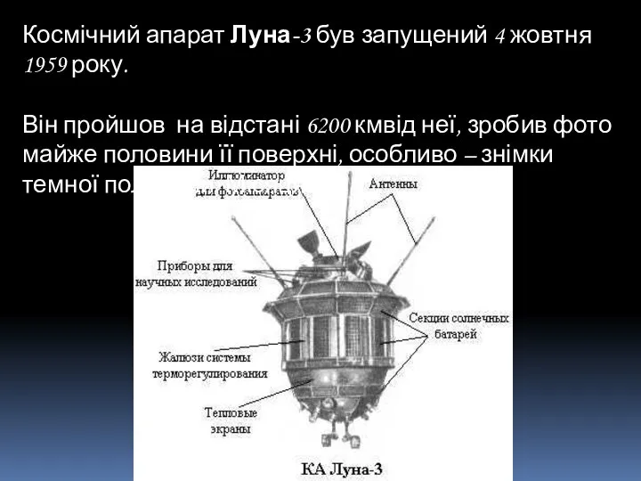 Космічний апарат Луна-3 був запущений 4 жовтня 1959 року. Він пройшов