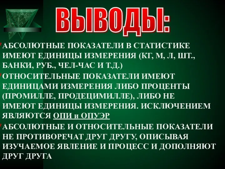 ВЫВОДЫ: АБСОЛЮТНЫЕ ПОКАЗАТЕЛИ В СТАТИСТИКЕ ИМЕЮТ ЕДИНИЦЫ ИЗМЕРЕНИЯ (КГ, М, Л,