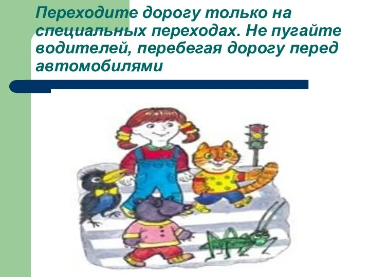 Переходите дорогу только на специальных переходах. Не пугайте водителей, перебегая дорогу перед автомобилями