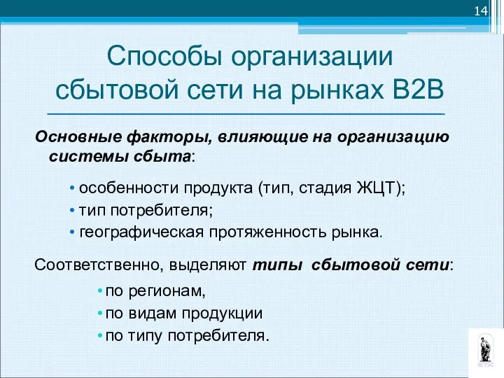 Способы организации сбытовой сети на рынках В2В Основные факторы, влияющие на