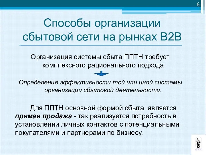 Способы организации сбытовой сети на рынках В2В Организация системы сбыта ППТН