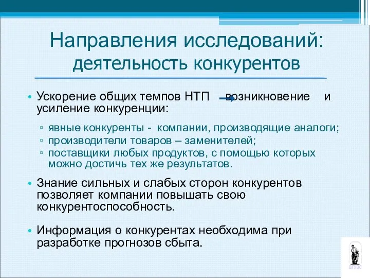 Ускорение общих темпов НТП возникновение и усиление конкуренции: явные конкуренты -